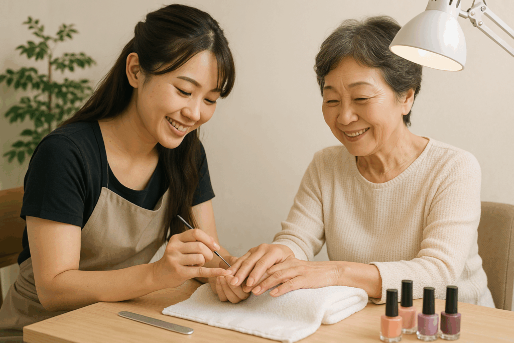 ネイリストが60歳代の女性に施術